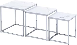 NICEME Nested Tables Set of 3, 3pcs Square Side Table End Table for Living Room, High Gloss Nesting Coffee Table (White Marble Texture)