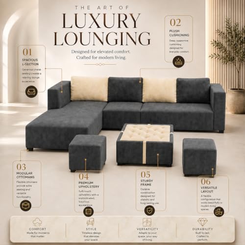 Image of FURNY Olympus 8 Seater LHS L Shape Sofa Set | Plush Velvet Suede Fabric | Modern Design | Soft Comfort Dual Color Cushions for Living Room, Office & Hotels (Dark Grey-Cream)