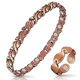 Copper Bracelets for Women Arthritis Lymph Detox Magnetic Bracelet, 100% Solid Pure Copper Bracelet with 3500 Gauss Magnets & Leaves Copper Ring with Adjustment Tool…