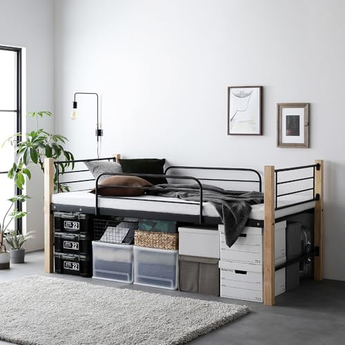 RASIK ロフトベッド ロータイプ シングル ベッドフレームのみ ナチュラル×ブラック 異素材MIX スチール 頑丈 大人用 Secrete スクレートのサムネイル