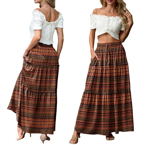 Image of Lepunuo Womens Casual Boho High Waisted Flowy Maxi Skirts Tiered Floral Long Skirts with Pockets for Summer Beach Vacation