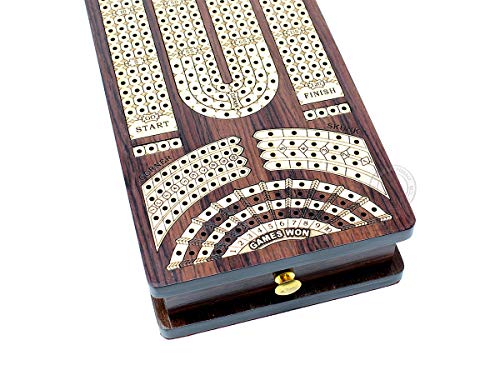 Tablero y caja de cribbage continuo House of Cribbage, incrustado en palisandro y arce: 4 pistas, cajones laterales con campos para marcar skunks, esquinas y partidas ganadas miniatura 6