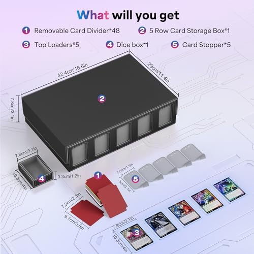 Image of UAONO Trading Card Storage Box with Commander Display;3900+ Card Box for MTG, Removable Cover; 5 Row Case fits MTG TCG Sports Cards 48 Dividers,5 Stoppers,5 Top Loaders,1 Dice Box(Black, Grey)