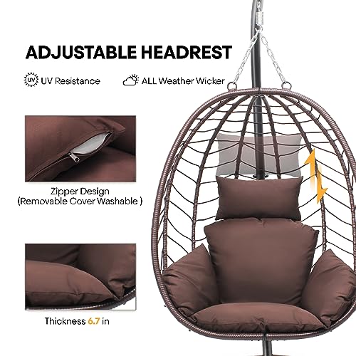 Sumeture LY-Z-012BR-BR Hammock Chair With Stand Set And Soft Seat Cushions, Pillow, Foldable Wicker Rattan Hanging Egg Chair,Adjustable Height,Anti-Uv&Waterproof thumb #4