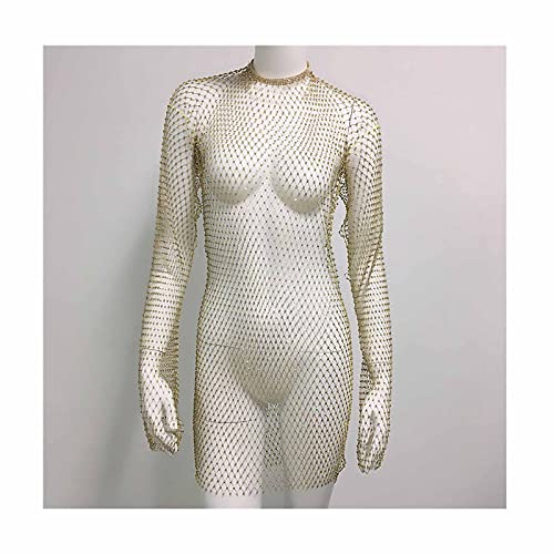 AMY-XCQ Körperkette, Sexy Netzkleid, Hohler Langer Rock, Rundhalsausschnitt, Hüftrock, Lange Ärmel, Blinkende Diamanten, Verstellbare Strandnachtclubkleidung,B Cover