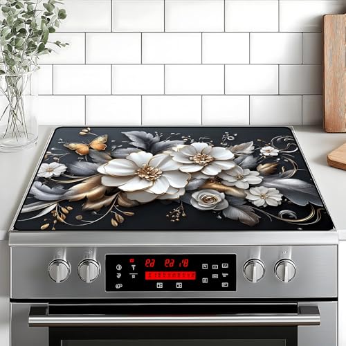 Image of White flower Stove Top Cover Retro Flower Gas Stove Top Cover for Home Decoration Kitchen Pad Non-Stick Washable Cooktop Covers Countertop Protector Keep Stove Clean 28 inchx20 inch