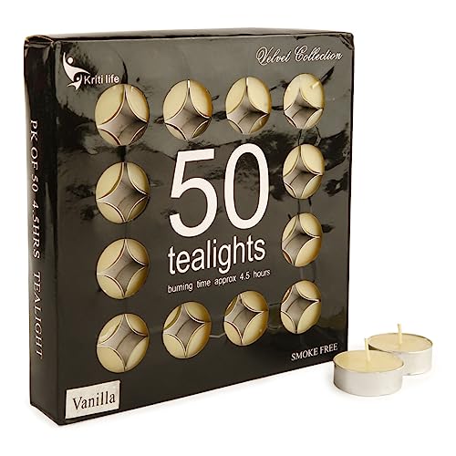 Image of Kriti Life Vanilla Scented Tealight Candles - 100% Paraffin Wax, Smokeless, Long Burn Time (4.5 Hours), Dripless Yellow Candles for Home Decor, Diwali, Weddings & Meditation - Set of 50