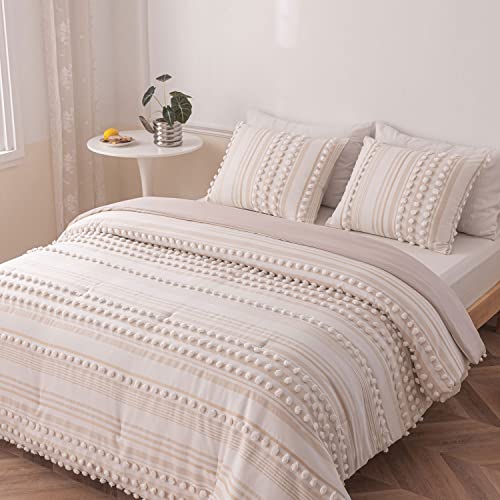 Sleepbella Tufted Queen Bed Comforter Set, White & Khaki Striped Ball Pom Design, Fluffy And Lightweight Boho Bedding Comforters & Sets 3 Pieces (1 Comforter，2 Pillowcases) #TOP27