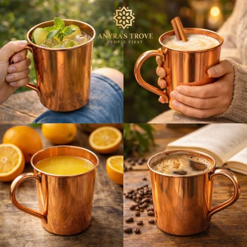 Image of ANYRA'S TROVE Pure Copper Mug|500 ML|Pack of 1|Copper Tumbler|Helathy|Sports Cup|Copper Beer Mug|Cocktail| Mocktails|Kitchen and Home Decor|Moscow Mug|Ayurvedic|Drinkware|Barware& Gift|