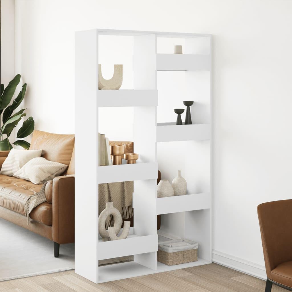 Separador blanco 100 x 33 x 175 cm Estantería de madera Diseño moderno con 8 compartimentos, versátil en salón, oficina, dormitorio, cocina, pasillo