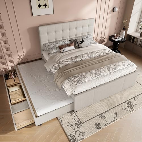 Wiuzo Cama tapizada, 140 x 200 cm, cama doble, cama familiar, cama matrimonial con tres cajones, cama extraíble, cabecero ajustable, sin colchón, beige
