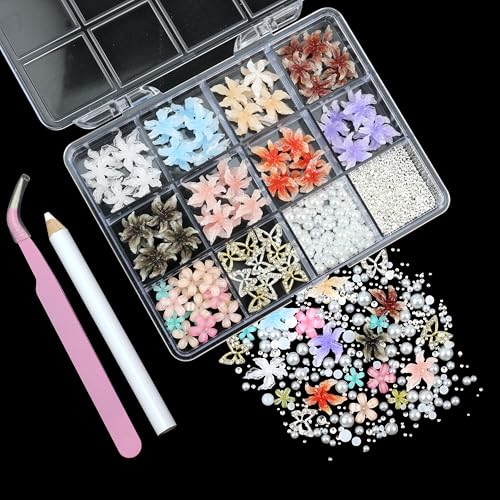 YOSOMMK 3D Colorful Flower Nail Art Charms and Gems Adjustable Pink Blue Flower Nail Gems Gold Silver Butterfly Nails Charms with Pearls Rhinestones for Women Nails Design Decoration — view 2