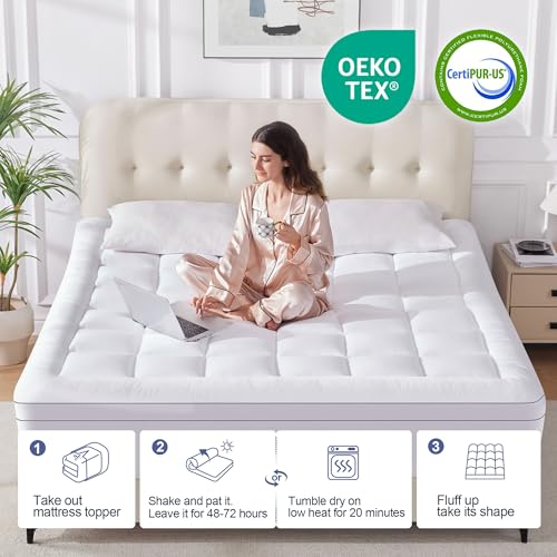 Memory Foam Queen Mattress Topper, 4 Inch Dual Layer Mattress Pad with Pillow Top Mattress Topper Queen Size Bed Cover, Support for Back Pain (White)