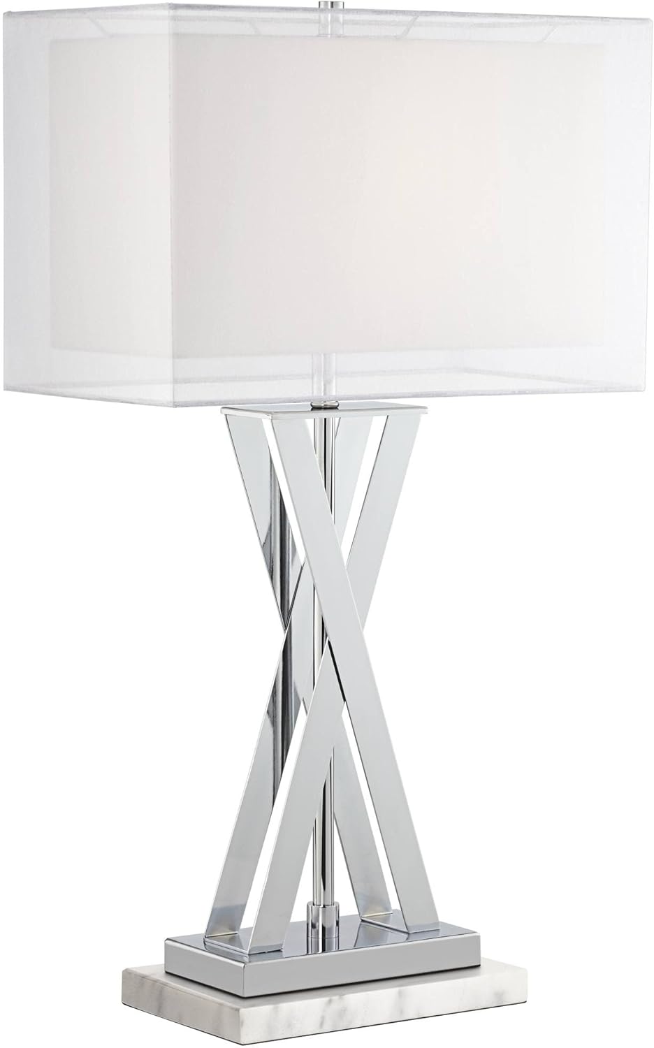 Possini Euro Design Proxima Modern Table Lamp with White Marble Riser 28" Tall Chrome Silver Metal Double Rectangular Shades Decor for Bedroom Living Room Nightstand Bedside Office Kids Room