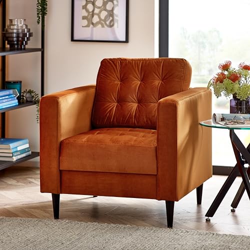Furniturebox UK Joni Burnt Orange Velvet Armchair – Modern Upholstered Orange Fabric Accent Chair with Black Wooden Tapered Legs – Square Stitching – Stylish Contemporary Living Room Furniture