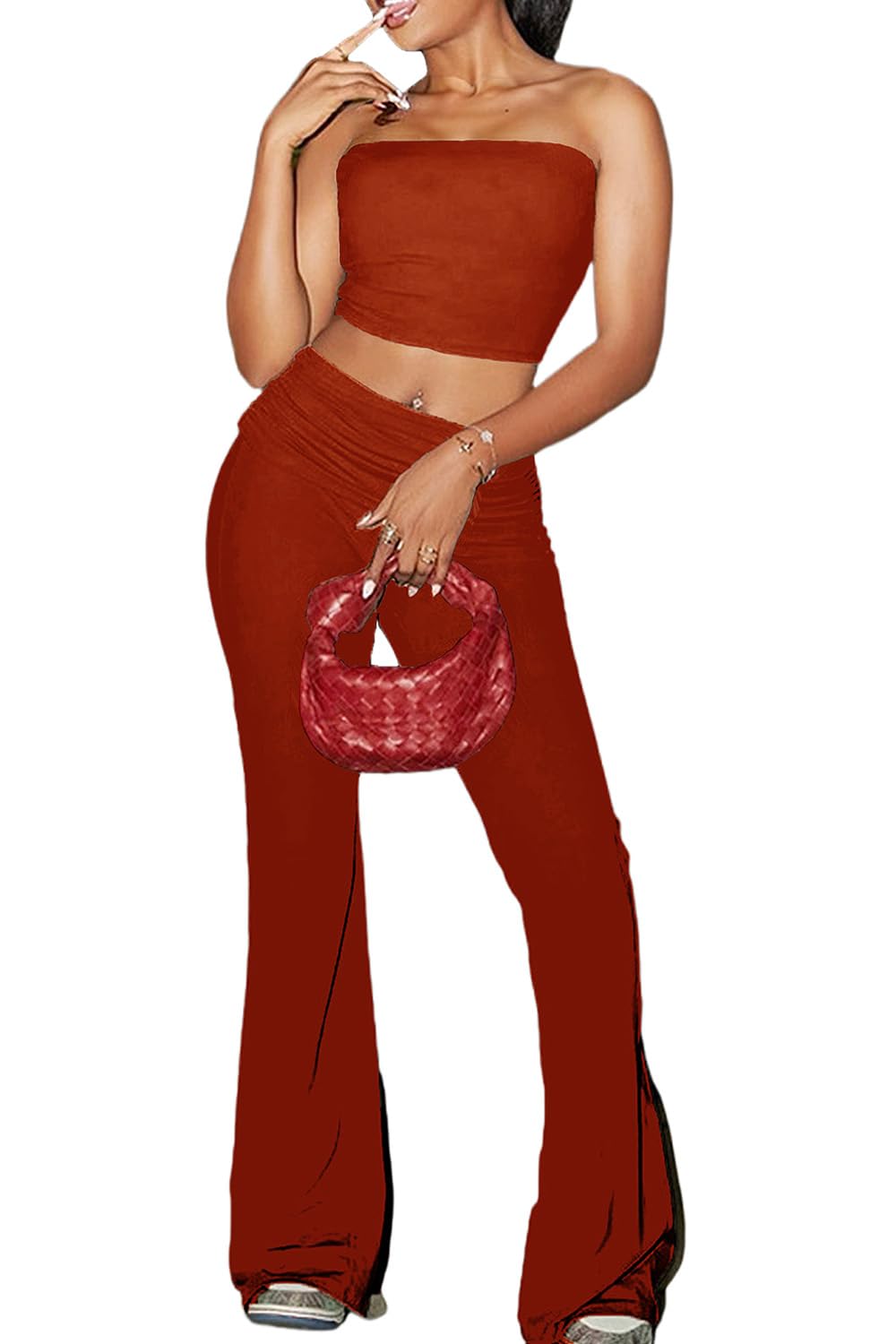 Sexy Donna 2 Pezzi Lounge Set Pigiama Abiti Casual Yoga Crop tubo Top Vita Alta Gamba Larga Foldover Pantaloni Flare