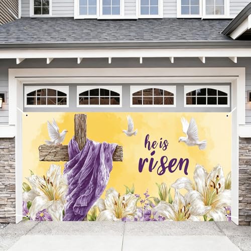 Image of Easter Garage Door Cover 157.48 x 70.87 Inch Spring Floral Illustration White Doves Purple Fabric Blooming Lilies Elegant Seasonal Decor Outdoor Garage Spring Celebration Family Gathering