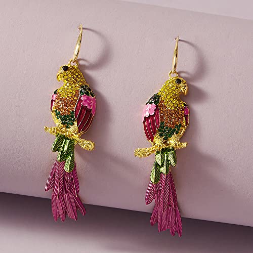 Rhinestone Parrot Bird Dangle Earrings for Women Girls Colorful Crystal Pink Feather Statement Drop Fish Hook Dangling Stud Lightweight Boho Carnival Holiday Prom Party Jewelry Gifts Souvenirs4