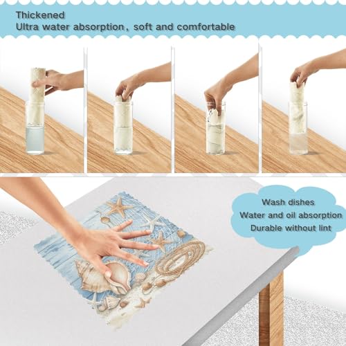 Image of Cotton Kitchen Dish Cloths, Starfish Seashell Tropical Beach Ultra Soft Absorbent Quick Drying Dish Towels, 11 x 11 Inches, 6-Pack, Reusable Cleaning Cloths