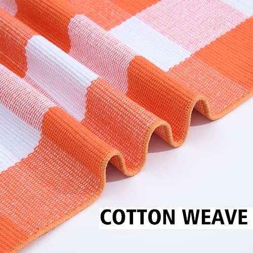 Fall Plaid Rug 28" x 43", Orange and White Buffalo Check Front Porch Outdoor Layered Doormat, Cotton Hand-Woven Washable Rug for Halloween Thanksgiving Autumn Decor