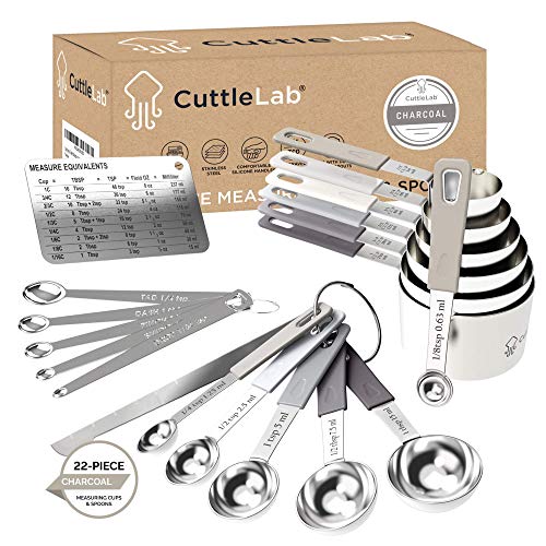 CuttleLab 22-Piece Stainless Steel Measuring Cups and Spoons Set Tad Dash Pinch Smidgen Drop Mini Measuring Spoons Measuring Stick Leveler Measurement Conversion Chart Fridge Magnet Charcoal