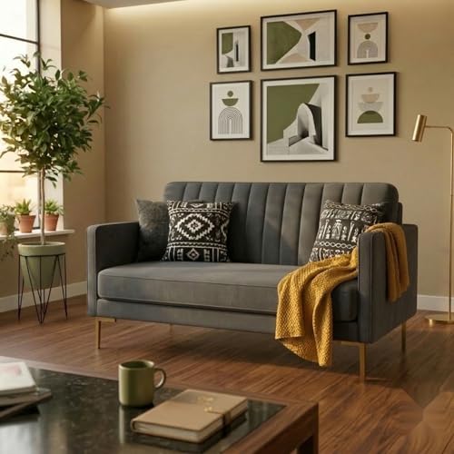 Image of Velum 3 Seater Sofa for Living Room & Office | Premium Fabric Upholstery | Solid Wood Frame | Comfortable Seating | 3 Years Warranty (Dark Grey, 2 Seater Sofa)