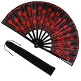 Cakmecwy Large Folding Hand Fan for Line Dance, Men/Women Rave Hand Fan, Clack Popping Fans for Boots On The Ground Dance, EDM, Wedding, Party (Red Flower)