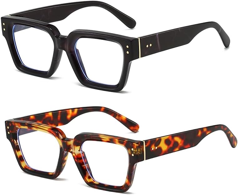 Fashion Square Glasses for Women Men Trendy Thick Frame Computer Eyeglasses Black Frame Clear Lens eyewear Z 2pack(black/Pattern Leg+tortoise) 65 Millimeters