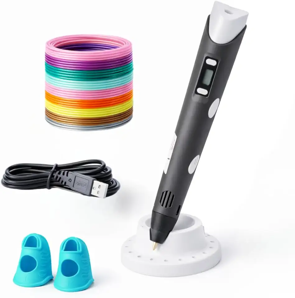 Caneta de Impressão 3D com Filamentos PLA e Proteção para Dedos, Temperatura e Velocidade Ajustáveis, Anti-Entupimento, Caneta 3D para Crianças e Adultos, Lilas, Amarela, Preto, Rosa e Azul (Preto)