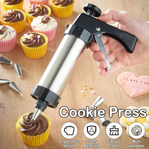 LZVXTYM Cookie Press, Stainless Steel Cookie Press Gun Kit with 13 Cookie Press Discs, 8 Icing Tips & Cleaning Brush, Reusable Cookie Maker for DIY Biscuit Maker, Cake Icing Decoration, 22x 15x 5.6cm
