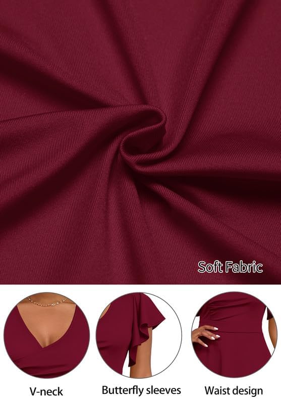 Women's Cocktail Midi Dress Elegant V Neck Ruffle Short Sleeve Wrap Wedding Guest Semi Formal A Line Dress - Image 5