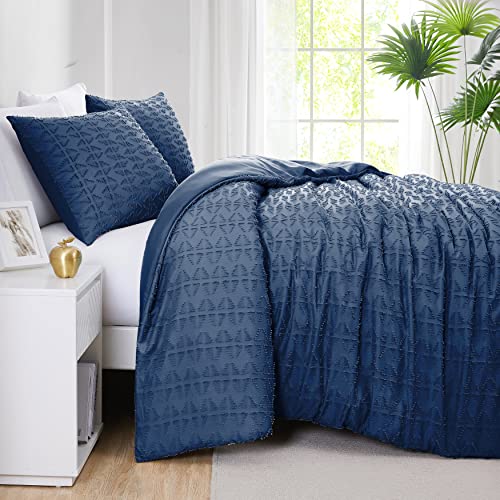 Southshore Fine Living, Inc. Jacquard Tufted Diamond Pattern Duvet Set Queen Size with Zipper and Corner Ties, Soft Cozy Boho Duvet Cover 3-Piece with Two Matching Shams, Full/Queen, Bali Navy Blue