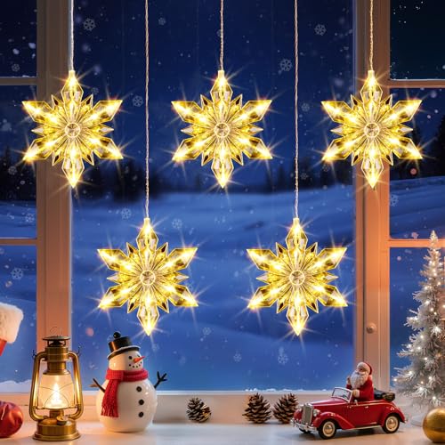 Christmas Snowflakes Window Lights, 5 Pack 60 LEDs Waterproof Hanging Battery Operated Christmas Decoration with Timer for Indoor Outdoor Xmas Home Winter Party Patio Bedroom Decor, Warm White
