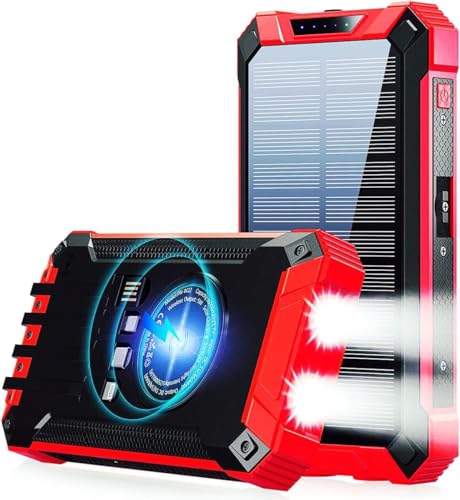 Batterie Externe Solaire 27000mAh 99W PD3.0A USB C Power Bank Charge Rapide avec 4 Câbles, 6 Sorties/2 Entrées, 15W Chargement sans Fil, Lampe de Poche, Voyant LED, Chargeur Externe pour Téléphone