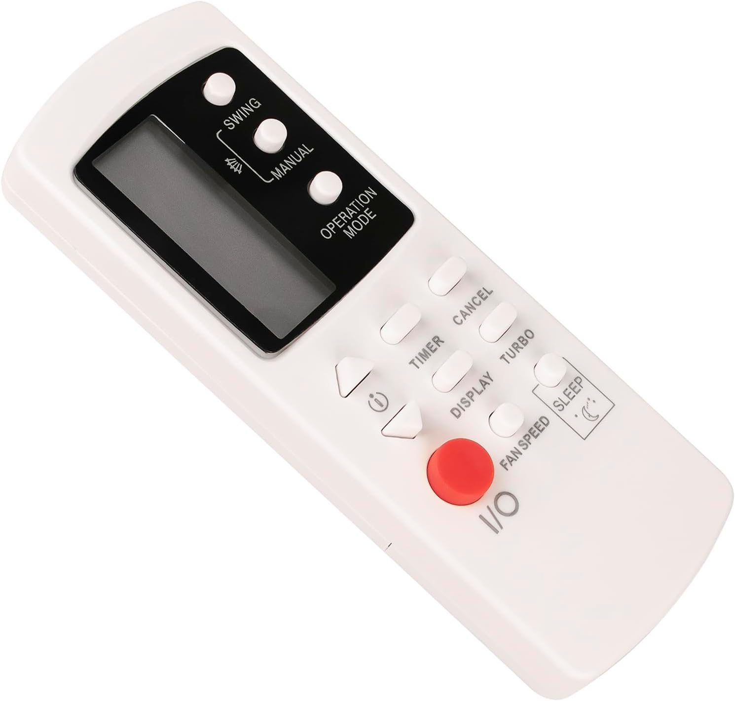 Angled view of the remote control, highlighting the ergonomic design.