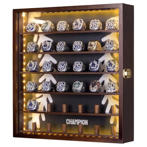 Championship Ring Display Case,Baseball Ring Display Case,36 Slots Baseball Ring Holder Case Wall Mount,Wooden Ring Organizer Box with LED Light for Collection Sports Champion Rings