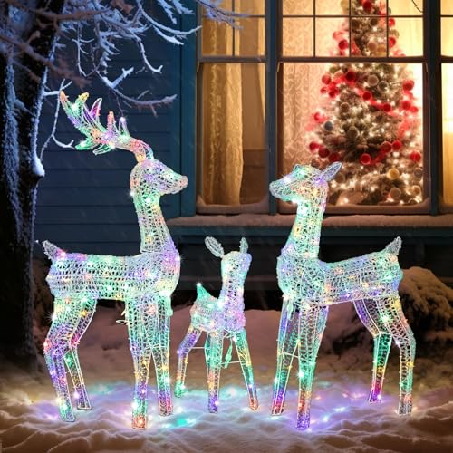Bonnlo Leuchtendes Rentier-Weihnachtsdeko, 3-teiliges Rentier-Familien-Set mit 270 LEDs, Weihnachts-Rentier für Innen- und Außendekoration, mit Erdspießen, Fernbedienung, Timer, Plug-in, Multicolor