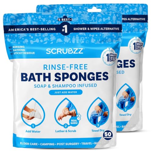 Image of Scrubzz Disposable No Rinse Bathing Wipes - All-in-1 Single Use Shower Wipes, Simply Dampen, Lather, and Dry Without Shampoo or Rinsing (Unscented, 2-Pack)