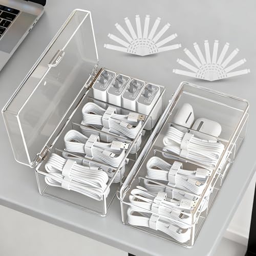 Kabel Organizer Box mit Deckel, 2er-Pack Kabelbox Aufbewahrungsbox für Ladekabel mit 4 Fächern und 20 Kabelbindern, Cable Organizer für Schublade, Sortierbox, Kabelorganizer Zubehör im Homeoffice