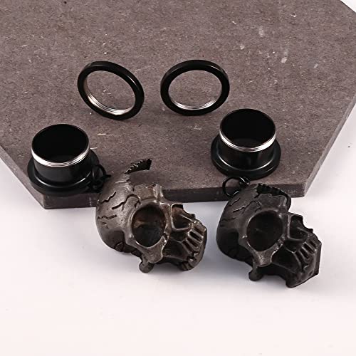 Vankula 2 Pcs Black Skull Pendant Hypoallergenic Stainless Steel Plugs Ear Gauges Tunnels Piercing Expander Stretchers Fashion Body Jewelry #TOP3