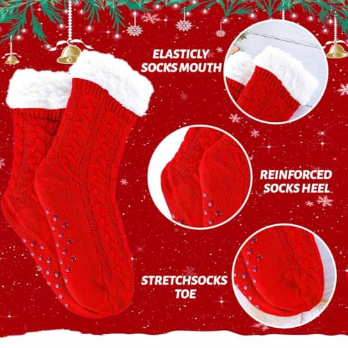 Image of Winter Warm Slipper Socks Non Slip House Socks Red Fuzzy Christmas Socks for Women