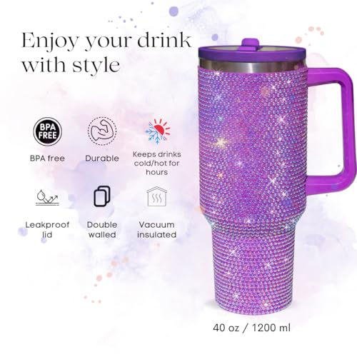 Image of 40 Oz Rhinestone Tumbler with Handle and Flip Straw | Insulated Stainless Steel Double Layer Bling Tumbler | Leak Proof Glitter Tumbler for Women | Reusable 1200ml Travel Bling Cups Lilac