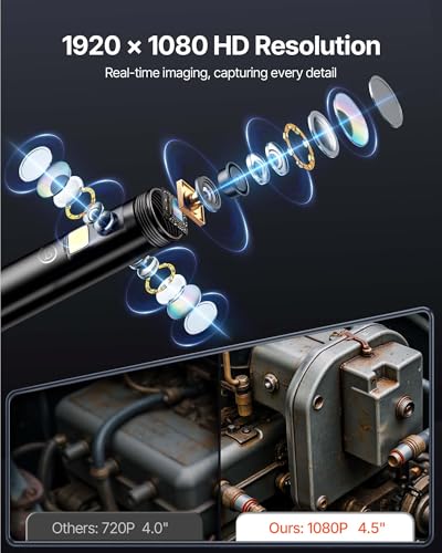 Image of VEVOR 3 Lens Industrial Endoscope, 1080P HD Digital Borescope Inspection Camera 4.5 Inch IPS Screen IP67 Waterproof Snake Camera with 8 LED Lights, 16.5FT Semi-Rigid Cable, 32GB Card and Helpful Tool