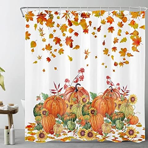 ECOTOB Autumn Thanksgiving Shower Curtain Decor, Farm Fall Harvest Scene Pumpkin Sunflower Maple Leaves Shower Curtains 72X72 inch Polyester Fabric Bathroom Decorations Bath Curtains Hooks Included Cover
