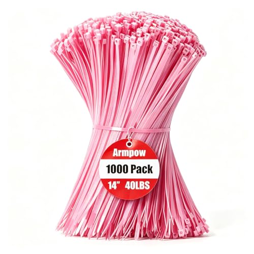 Image of Armpow 14 Inch Zip Ties Pink 1000 PCS, 40 Lbs- Heavy Duty Tensile Strength, Nylon PA66 UV Resistant Cable Ties for Indoor and Outdoor Use - Ideal for object bundling and fastening