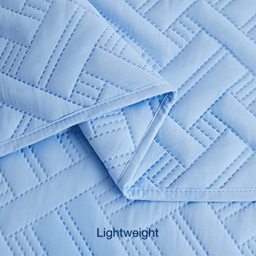Beeweed Quilt Set King Size 3 Pieces, Lightweight Microfiber Basket Pattern Bedspreads For All Season, Sky Blue Soft Summer Coverlet Set With Ultrasonic Quilting Technology (1 Quilt, 2 Pillow Shams) #TOP5