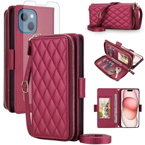 Asuwish Compatible with iPhone 13/14 6.1 inch Wallet Case Zipper RFID Blocking Screen Protector Crossbody Lanyard Strap Flip Slots iPhone13 iPhone14 5G i i-Phone i13 i14 Phone Cover for Women Men Red