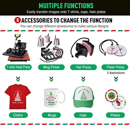 Image of Slendor Heat Press 12x15 inch 8 in 1 Heat Press Machine 360-Degree Swing Away Digital T Shirt Pressing Machine Multifunction Sublimation Combo for T Shirts Mugs Hat Plate