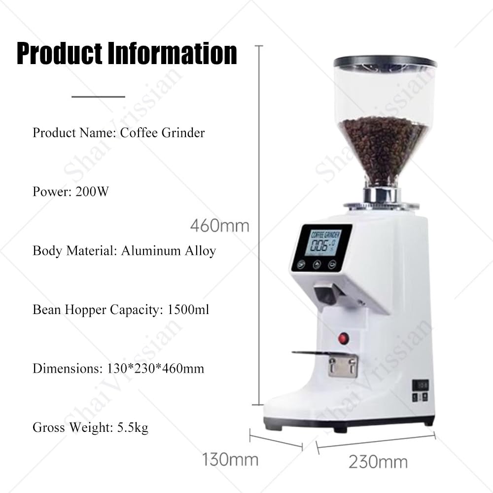 200w Molinillo Para Espresso Con 19 Ajustes De Molienda White-500g | Muela Plana 60mm,Pantalla Lcd,Tolva 250g/500g,Cuerpo De Aluminio,Espresso,Pour Over,Uso Comercial,Hogar