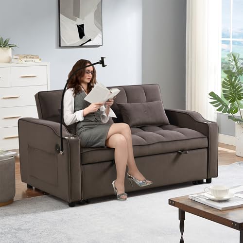 Sleeper Sofa Couch Bed with USB & Type C Port, Modern 3-in-1 Convertible Velvet Pull Out Loveseat Futon Sofa w/Phone Holder/Cup Holder for Living Room Apartment, Adjustable Backrest, Coffee